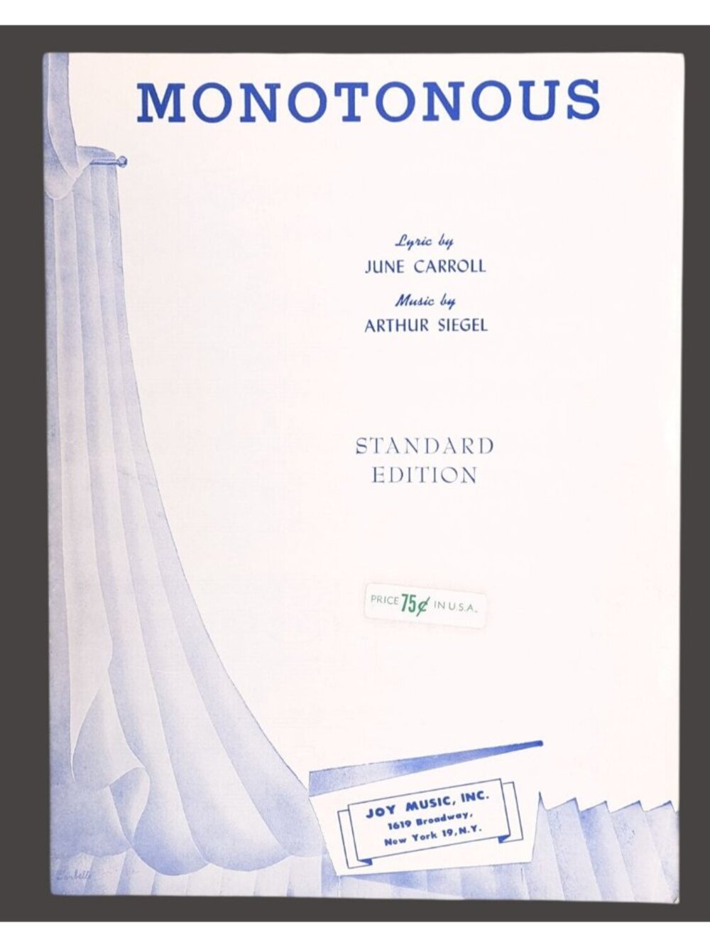 Vintage Monotonous Sheet Music 1952 Carroll Siegel Eartha Kitt New Faces of 1952